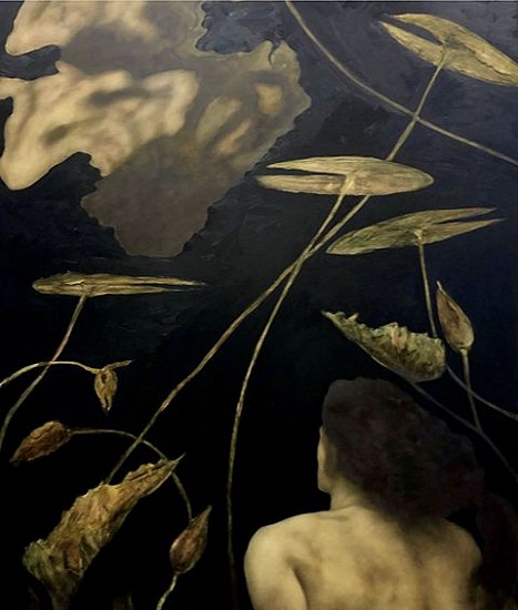 SHANY VAN DEN BERG, SWIMMING IN THE NIGHT WITH LILLIES AND REFLECTION AS POINTERS
OIL ON  BOARD