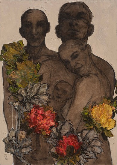 SHANY VAN DEN BERG, FAMILIA 1
2021, OIL AND CHARCOAL ON VINTAGE LINEN AND CUTOUTS
