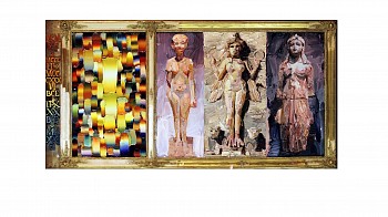 The Three Goddess Shrine ,2021, oil on wood and frame, 79 x 152 cm