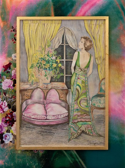CHRISTOPHER PETER, INTERIOR WITH YELLOW CURTAINS, HYLTON NEL CERAMIC CRATURE & IRMA STERN GARDEN FLOWERS
1982, Mixed Media