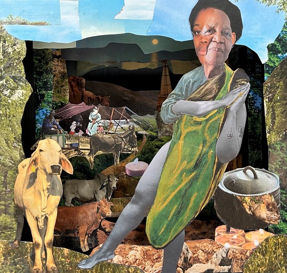 KEABETSWE SEEMA, GREEN PASTURES AREN'T AS GREEN AS THEY MAY SEEM
2024, COLLAGE, PEEPHOLE WOOD SCULPTURE WITH 2 MINUTE 26 SECONDS AUDIO