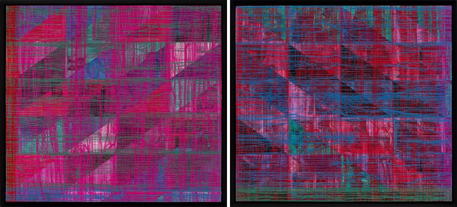 MARK RAUTENBACH, LAKE MOUNTAINS (KISSING THE PINK SERIES / SHOT SERIES) DIPTYCH
2024, Mixed Media