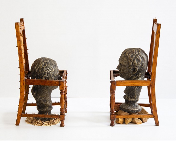 WARREN MAROON, UTOPIA<br />
ROCKS, MATCHSTICKS, WOOD AND CEMENT BUSTS WITH FOUND CHAIRS