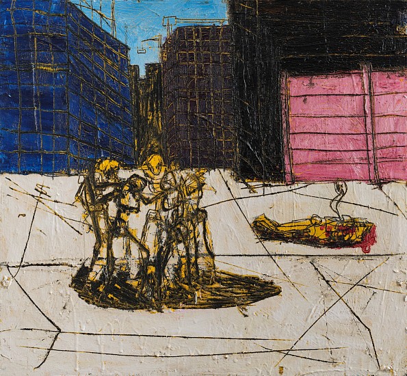 BOYTCHIE, UNTITLED (POST MURDER HUDDLE)
2025, OIL, ENAMEL AND BITUMEN ON CANVAS