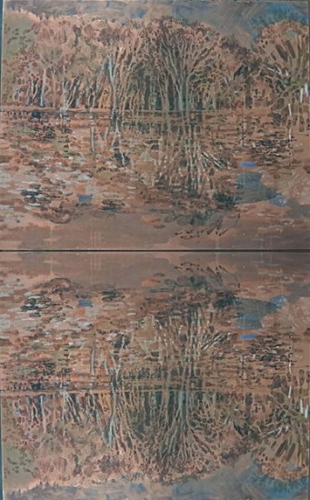 RINA STUTZER, REFLECTING ON THE EPHEMERAL (DIPTYCH)
2025, PATINA ON ROLLED COPPER PLATE, BRASS FRAME, PANDORA COTTON CANVAS ON ALUMINIUM SHEET AND STEEL FRAME