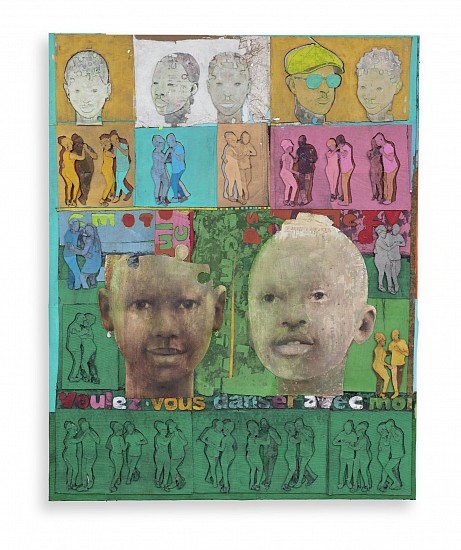 THONTON KABEYA, VOULEZ-VOUS DANCER AVES MOI 2
2025, WALNUT POWDER, CHALK PAINT, ACRYLIC AND NEWSPAPER INK ON CANVAS
