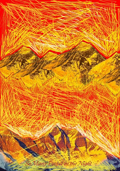 LEAH ""LUX"" MASCHER, RED MOUNTAIN 3
2025, DIGITAL COLOR PRINT ON 300 GSM MATTE FINISH PAPER, COLOR TAPE, GLITTER TAPE AND GOLDEN STICKERS