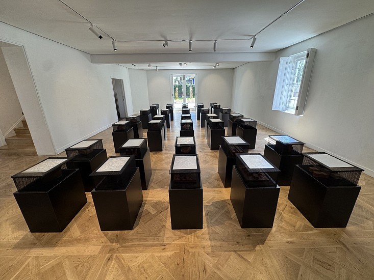 WILLEM BOSHOFF, BLIND ALPHABET (ICHTHYOID - INVERSUS, JACULABLE - JUMELLE, KERATOID - KNITCHEL)
2025, 35 WOODEN SCULPTURES, WIRE BASKETS, BRAILLE ON ALUMINIUM, CLOTH AND STEEL BASE