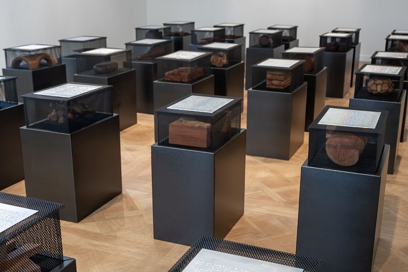 WILLEM BOSHOFF, BLIND ALPHABET (ICHTHYOID - INVERSUS, JACULABLE - JUMELLE, KERATOID - KNITCHEL)
2025, 35 WOODEN SCULPTURES, WIRE BASKETS, BRAILLE ON ALUMINIUM, CLOTH AND STEEL BASE