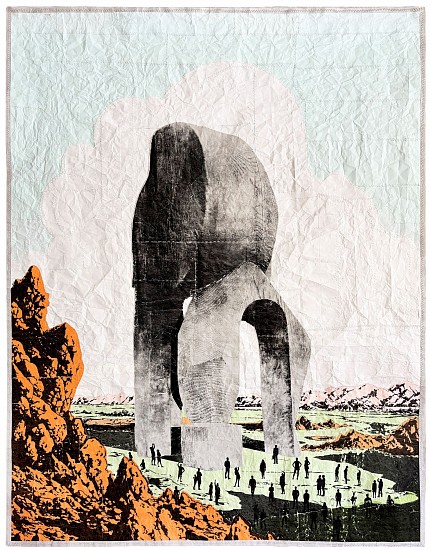 MICHAEL MACGARRY, THE MEEK SHALL INHERIT THE EARTH BUT NOT THE MINERAL RIGHTS
2026, RECLAIMED PACKAGING PAPER, COTTON, ARCHIVAL TAPE AND OIL-BASED SCREEN PRINT