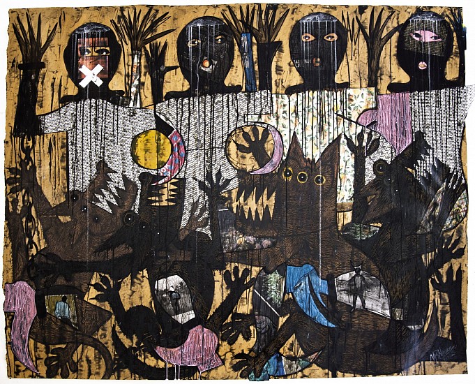 BLESSING NGOBENI, TI MBABVA (THIEVES)
2025, MIXED MEDIA AND COLLAGE ON BROWN PAPER