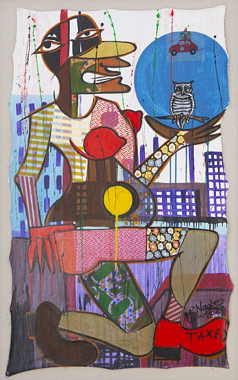 BLESSING NGOBENI, TAXED FOR BEING
2022, ACRYLIC AND COLLAGE ON CANVAS