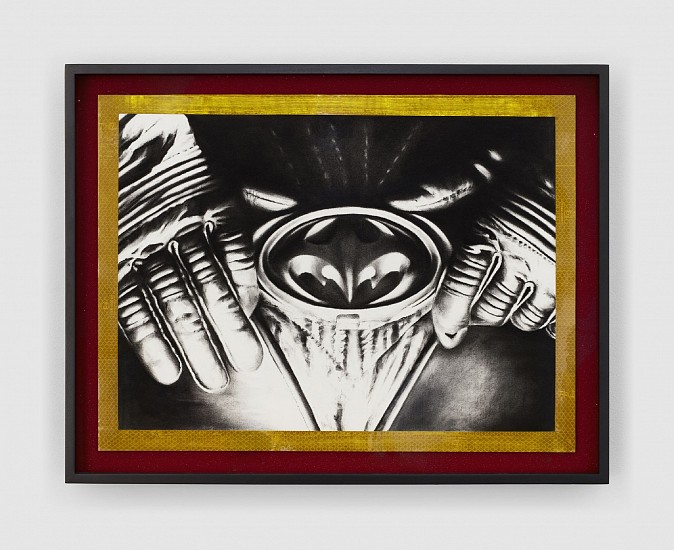 MATTHEW MICHAEL, EMBLEMATIC GURL
2026, REFLECTIVE TAPE AND CHARCOAL ON FABRIANO