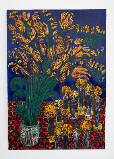 LADY SKOLLIE, BUNCH OF FREESIAS IN A WATER GLASS
2026, LINO, CRAYON AND INK ON FABRIANO